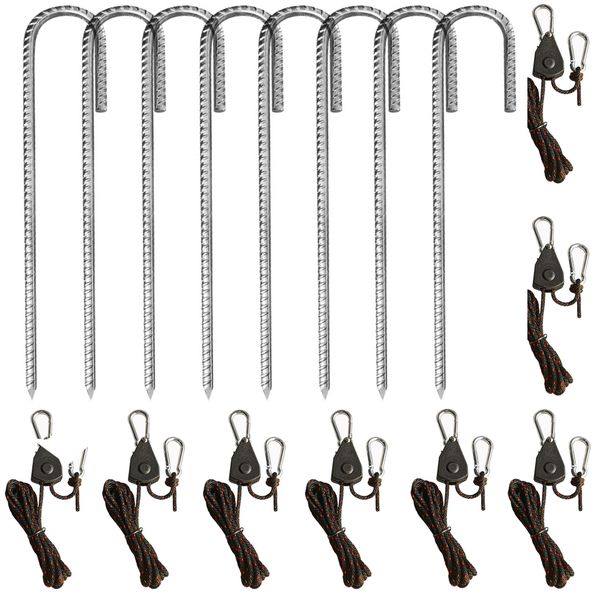 8 Piece Rebar Stakes 12in J Hook Ground Anchors and Tent Guy Ropes with Pulley