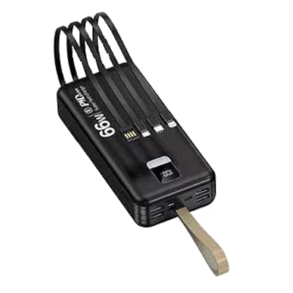 High Capacity 30000 mAh Power Bank 22.5w - 4 Outputs - with Built-in Cables