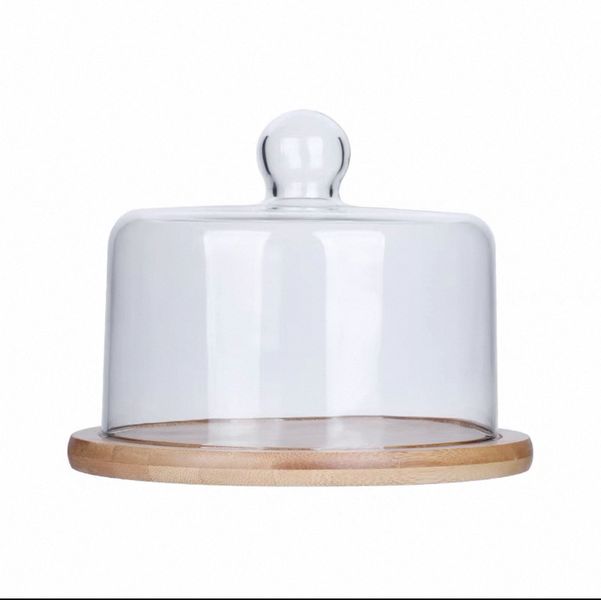 Cake Stand with Bamboo Base &amp; Glass Dome Cover