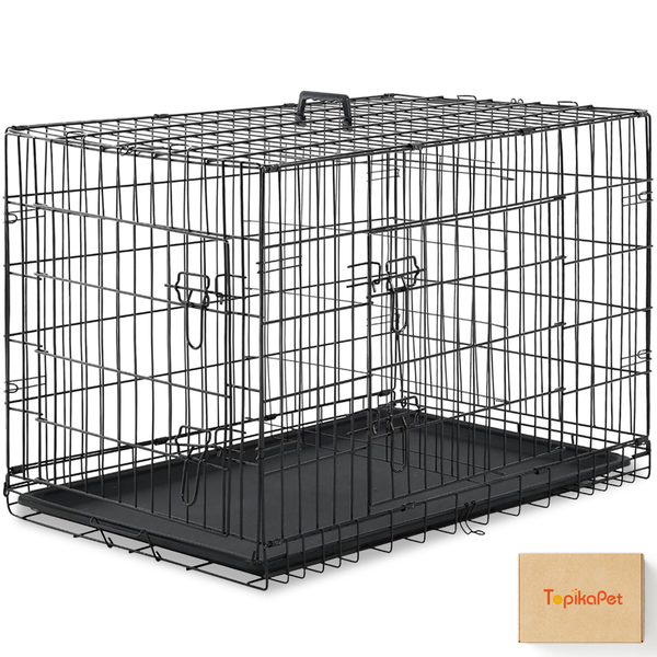 Topika-Foldable Double Door Dog Cage 109.4cm Metal Dog Crate for Large Dog