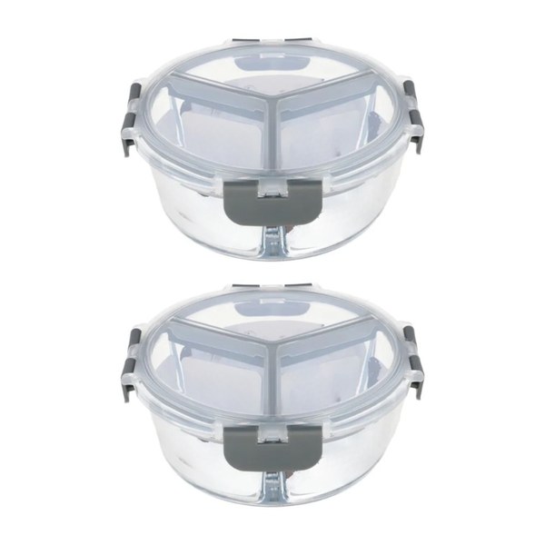 850ml Round Split Compartment Heat-Resistant Glass Food Container - 2 Pack