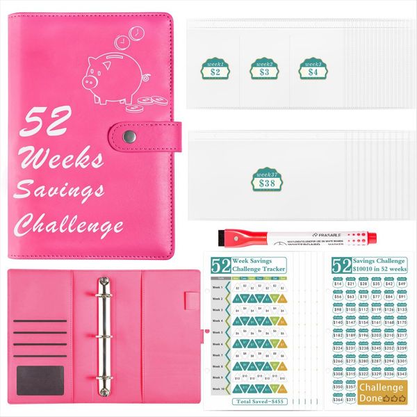 52 Week Money Saving Challenge Binder Rose Red