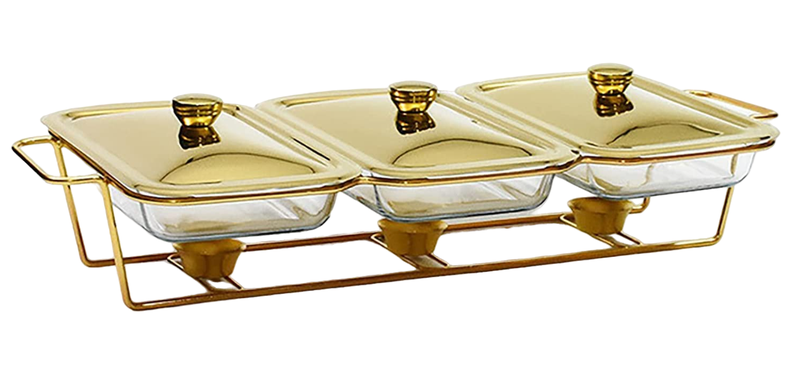 Triplet Chafing Dish 3 X1.5l Dishes With Warmer Gold-Crockery Centre