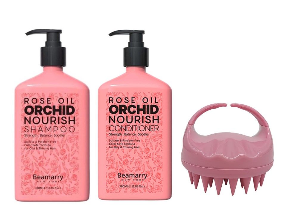 BEAMARRY Rose Oil Orchid Nourish Set 380ml + Scalp Massage Brush - Pink(04)