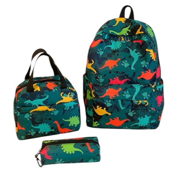 Boys Dinosaur School Backpack with Lunch Bag and Pencil Case - Green