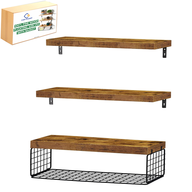 Bathroom Floating Shelves & Basket for Wall Over Toilet Rustic Brown