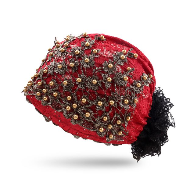 Vintage Lace Pearl Turban Headwrap - Elegant Beaded Head Cover for Women