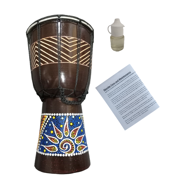 Djembe Dark Hand Drum Painted Sun Gecko -Treatment Oil - Care Manual 30cm