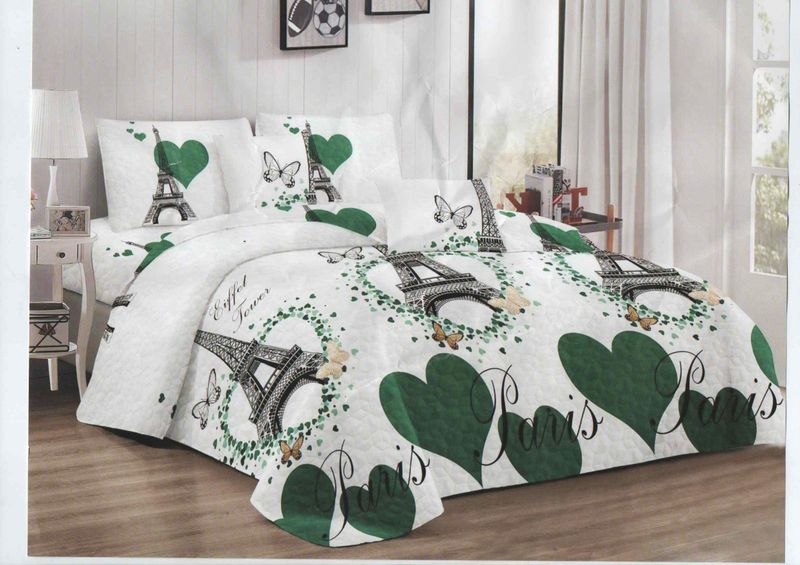 Bedspread Set 5 Piece Microfiber - F14 - D6 - (Green &amp; White)