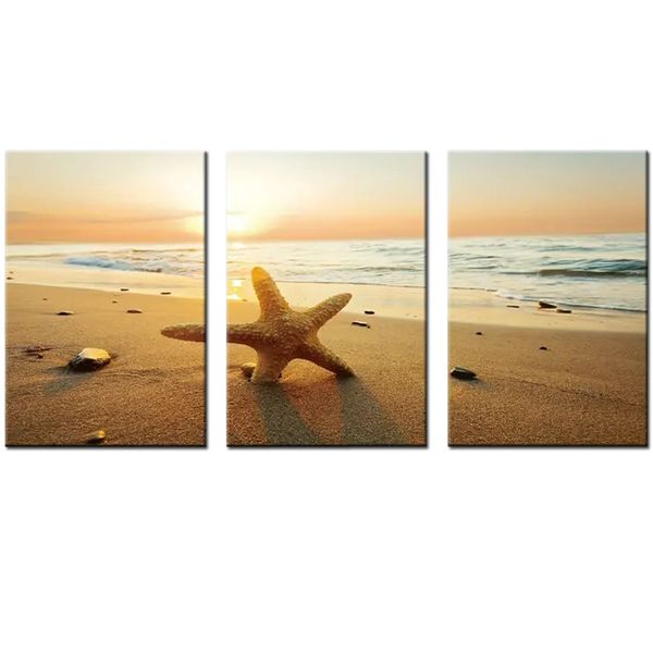 Canvas-Art-3 Pieces Beautiful Starfish On The Beach Landscape Wall Art