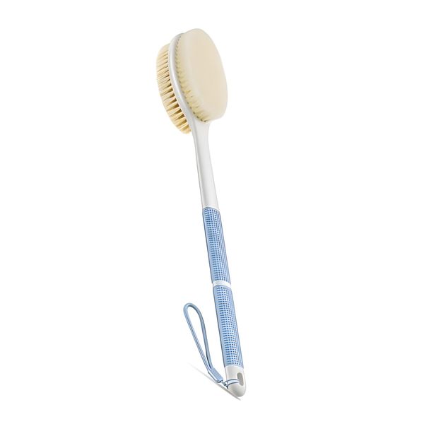Long Reach Bathing Brush with Blue Grip and Hanging Loop Dual Bristle Sides