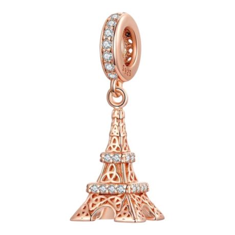 925 Sterling Silver Sparkling Eiffel Tower Hanging Charm - Rose Gold Image