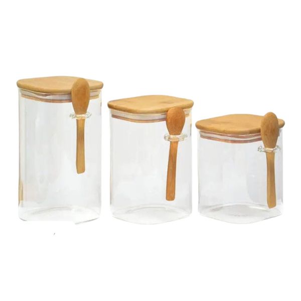 Set of 3 Bamboo Lid Airtight Glass Jug Food Storage Canister with Spon