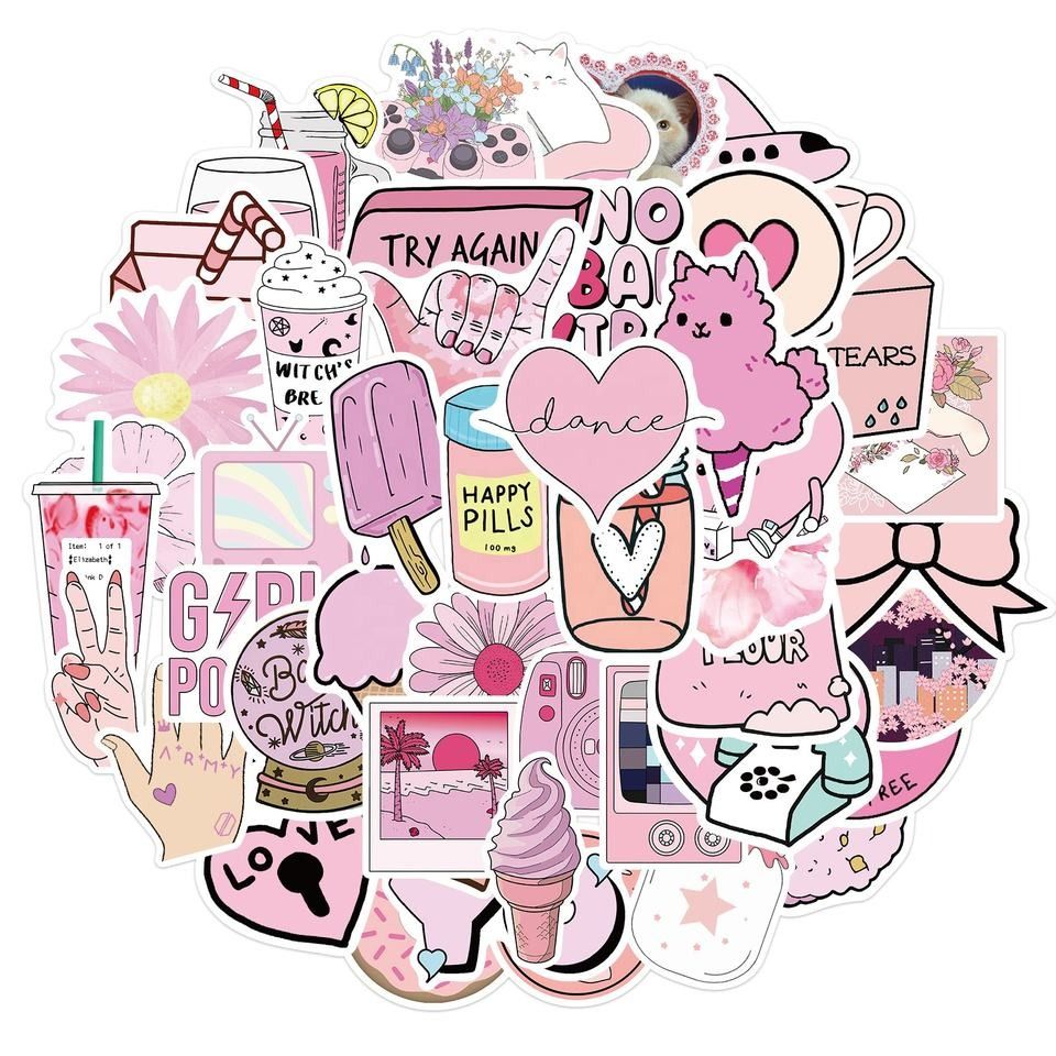 50 Piece Pink Decorative High Quality Vinyl Sticker Pack - Cute Kawaii ...