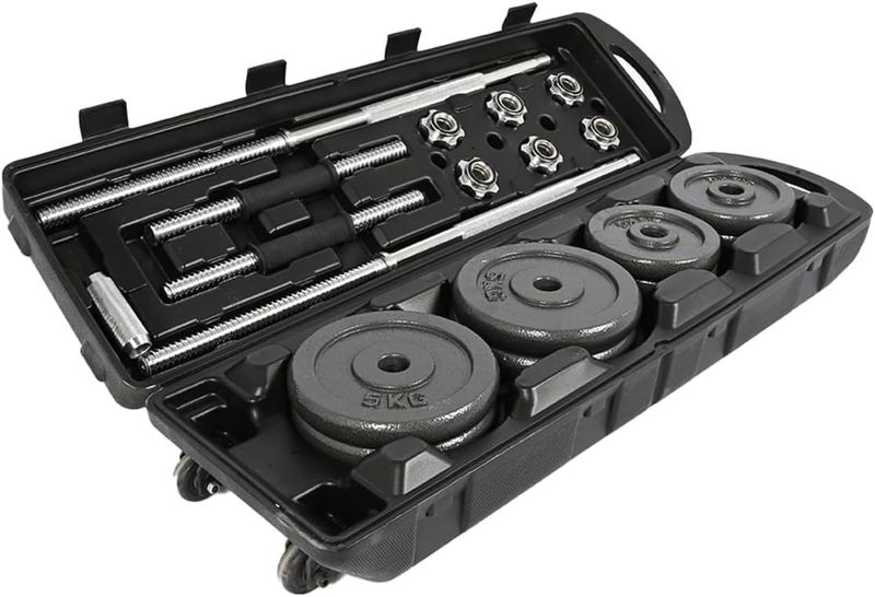 Adjustable Superweight 50KG Cast Iron Dumbbell &amp; Barbell Set With Lock Bars