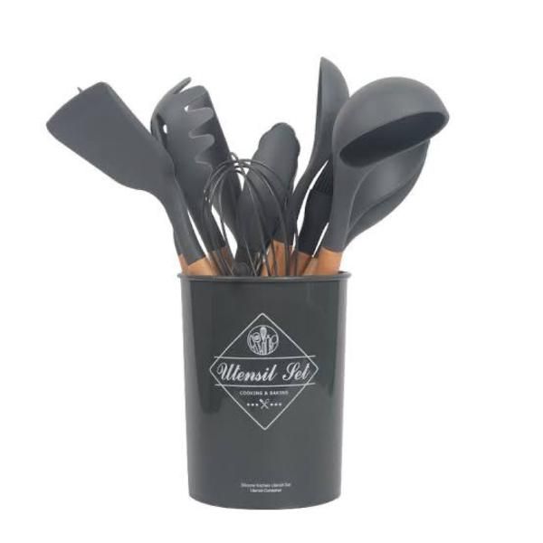 Set of 12 Small Silicone Kitchen Utensil Tools - Grey