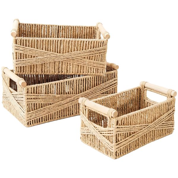 Wicker Storage Basket with Wooden Handles Decorative Handwoven Baskets -3 Piece