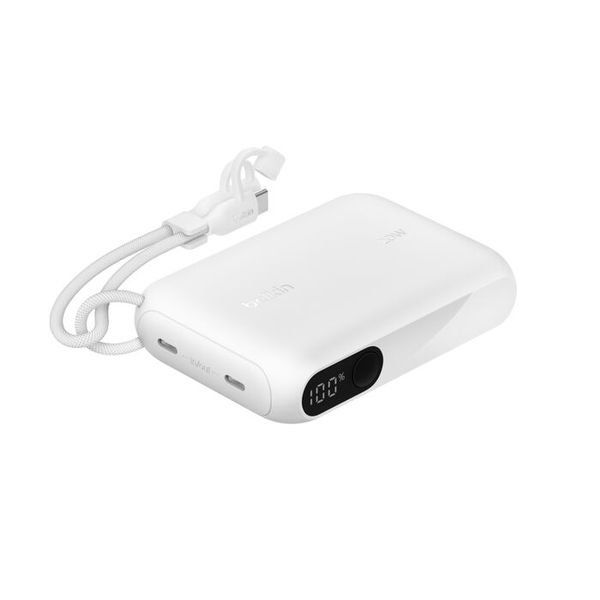 Belkin Portable Charger, Slim USB-C Power Bank 10,000mAh with 2 USB-C Ports, Digital Battery Display, 20W Charging - White