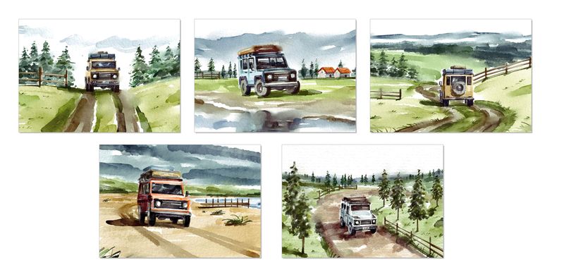 Greeting Cards: Watercolour Land Rover "Off the beaten track" (5-Pack)