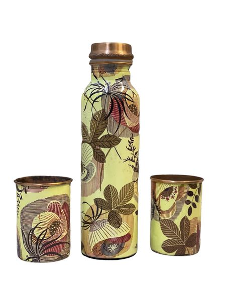 Pure Copper Yellow Flower print 100% Water Bottle 1 Litter