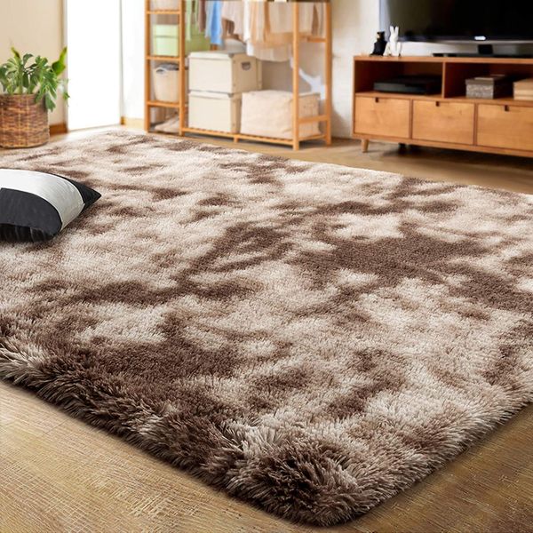 140 x 180cm Plush Three Tone Fluffy Carpet -Shaggy Foldable Rugs Dark Brown