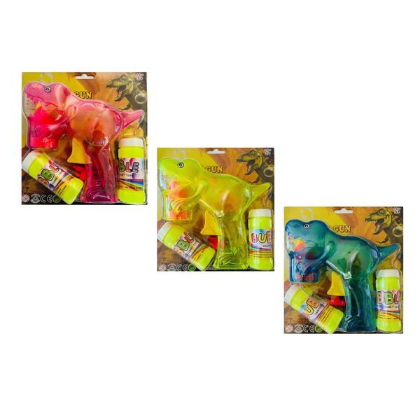 Light Up Dinosaur Bubble Gun + 2 Refill Bottles (Set of 3)