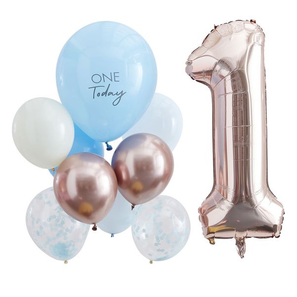 Mix It Up - Blue &amp; Rose Gold 1st Birthday Balloons