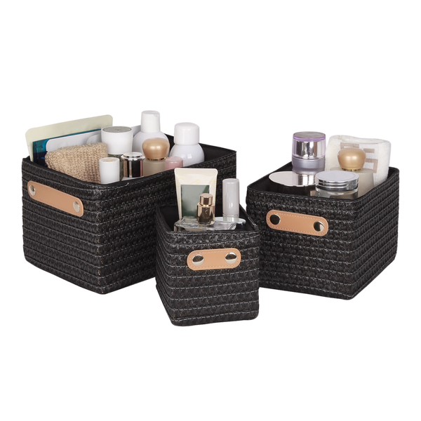 Sensea Set Of 3 Baskets Paille Paris Black