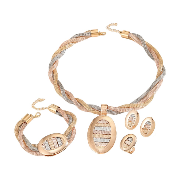 ZELTRYN Tri-Color Braided Mesh Oval Pendant 4-Piece Jewelry Set