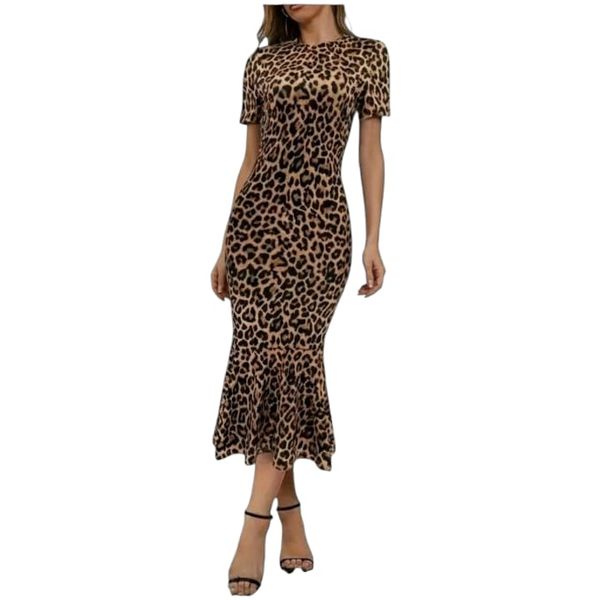 Elegant Leopard Print Round Neck Short Sleeve Fish Tail Dress