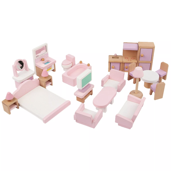 22 Pieces Wooden Dollhouse Furniture Toy Set - Pink