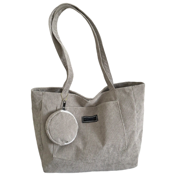Minimalistic Corduroy Tote Bag With Attached Mini Round Purse - Grey