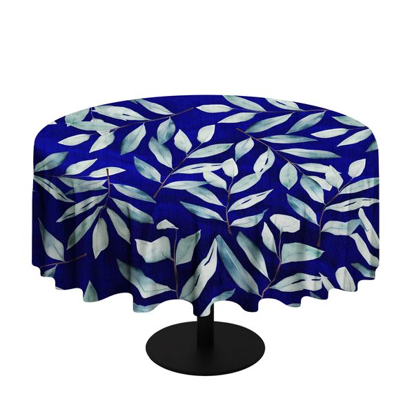 Royalblue Waterpainted Blue Leaves Round Tablecloth