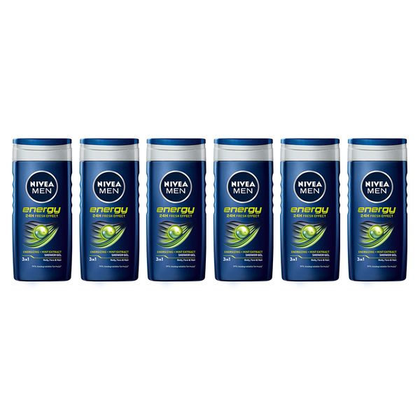 NIVEA MEN Energy 3in1 Shower Gel Body Wash with Mint Extract, 6x250ml