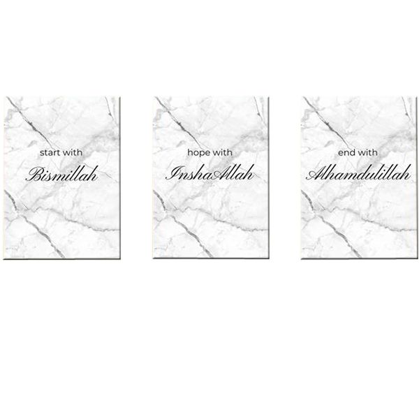 Canvas-Art-3 Pieces White &amp; Black Allah Bismillah Islamic Quotes Wall Art
