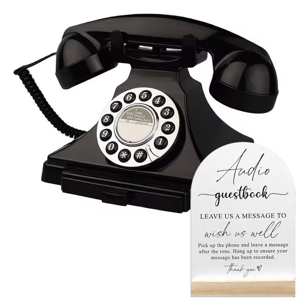 Retro Telephone Audio Guest Book with Instruction Sign - Black