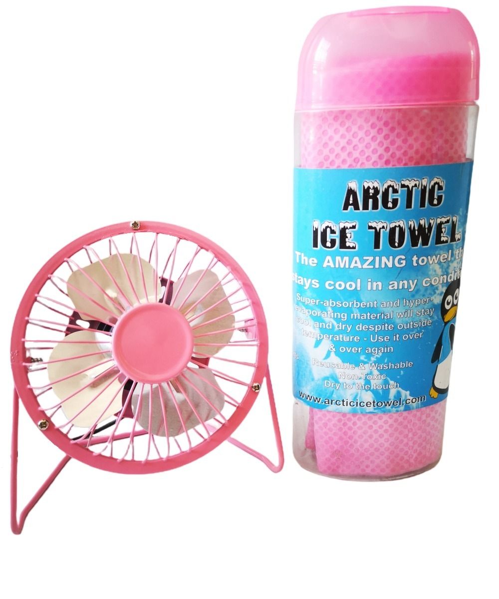 USB Mini Desk Fan & Arctic Ice Towel Combo Set Assorted Colours