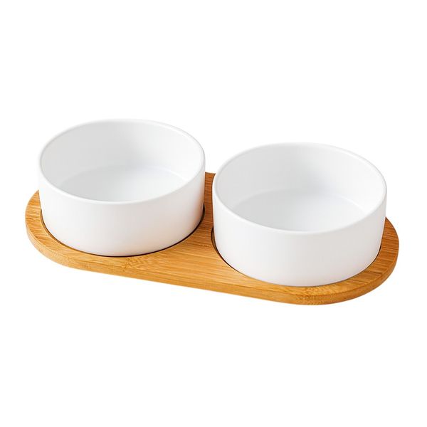 1 Pack - Ceramic Cat Or Dog Bowl Set With Wooden Pallet - White