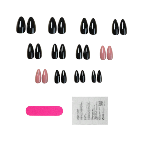 24pcs Minimalist Glossy Medium Almond Press-On Nails - Black/Pink
