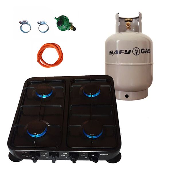 Black 4 Plate Gas Stove with Fittings &amp; Gas Cylinder - 5kg