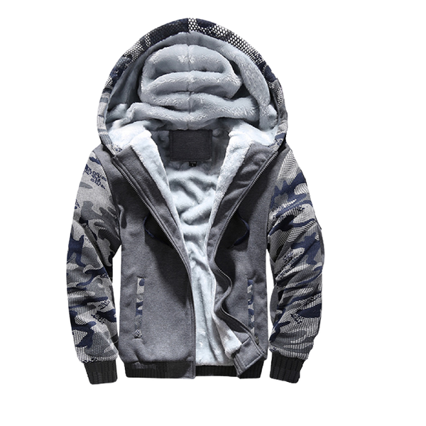 Men's Hooded Winter Jacket - Camouflage Sleeves - Dark Grey