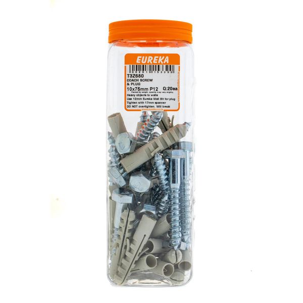 EUREKA Coach Screw &amp; Plug 10 x 75mm Plug 12mm Q:20ea T3Z680