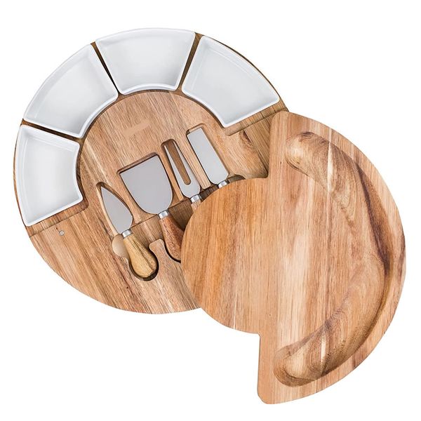 Wooden Round Cheese Platter Board set with Knives ID-53