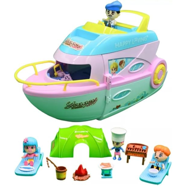 Mu Bear &amp; Co- Dollhouse Cruise Ship with 4 Dolls and Accessories- 27 Pieces