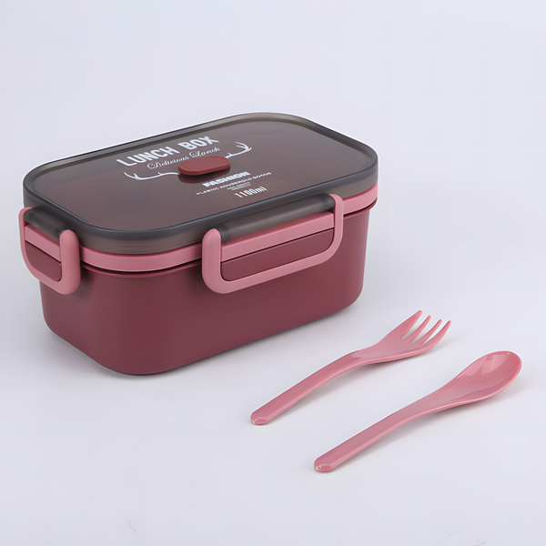 Pink Portable Rectangular Divided Storage Lunch Box With Spoon &amp; Flask Cup