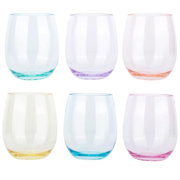 Stemless Wine Glasses Set of 6 Coloured Wine Tumblers Crystal Glassware