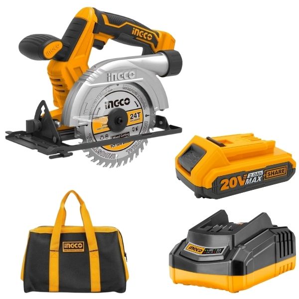 Ingco - Cordless Circular Saw, 2.0Ah Battery, Charger and Canvas Tool Bag