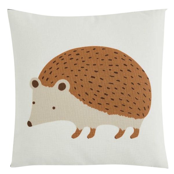 White Pillow with Hedgehog, Green Leaves at the Back (45x45cm inner incl.)