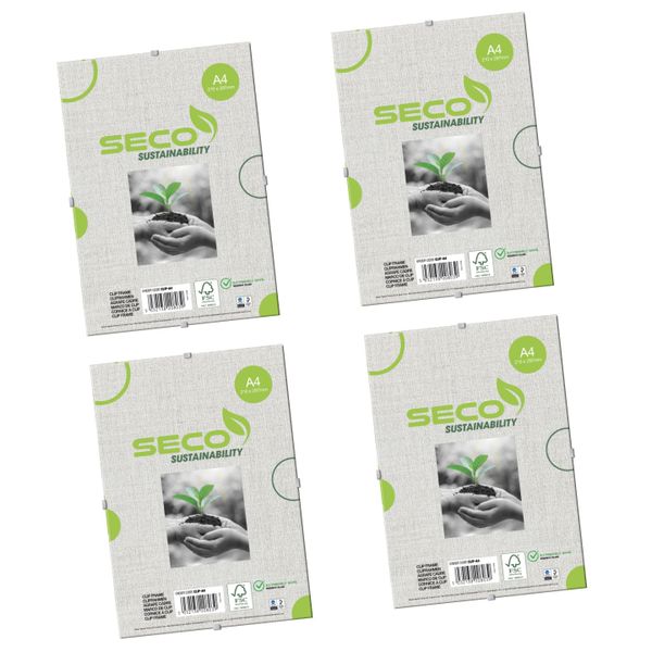 Seco A4 Clip Frame Perspex Safety Glass, MDF &amp; Metallic Clip - Pack of 4