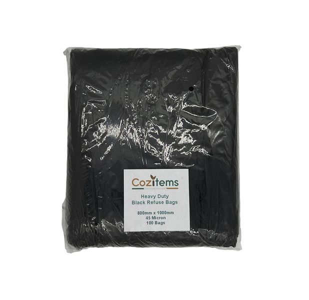 Cozitems - Heavy-Duty Black Refuse Bags - 800 x 1000mm - 45 Microns - Pack of 50 or 100